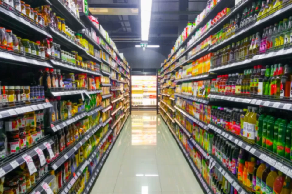 View of grocery store aisle.